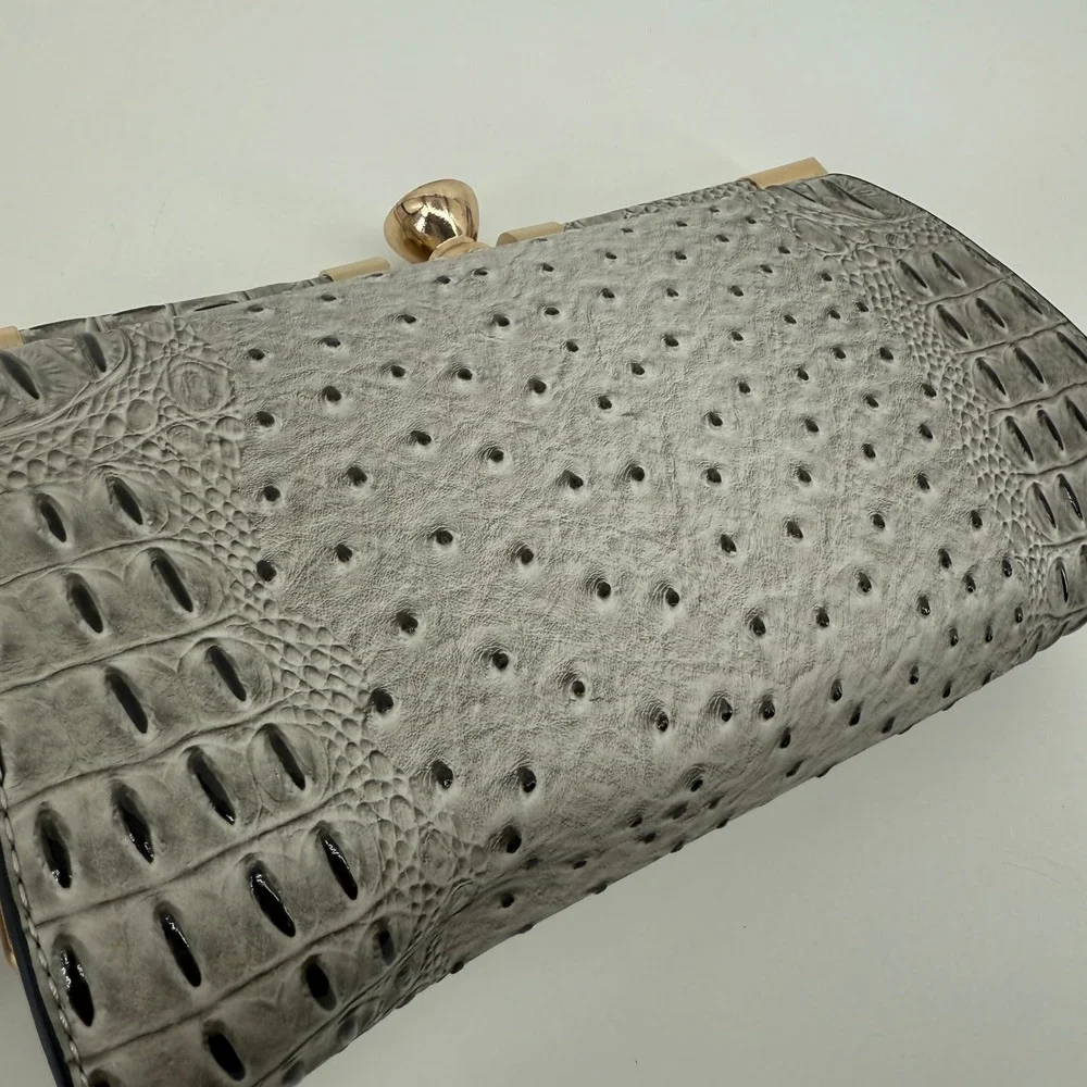 Le Miel Vegan Leather Ostrich Croc Embossed Frame Clutch Crystal Clasp Gray NWT